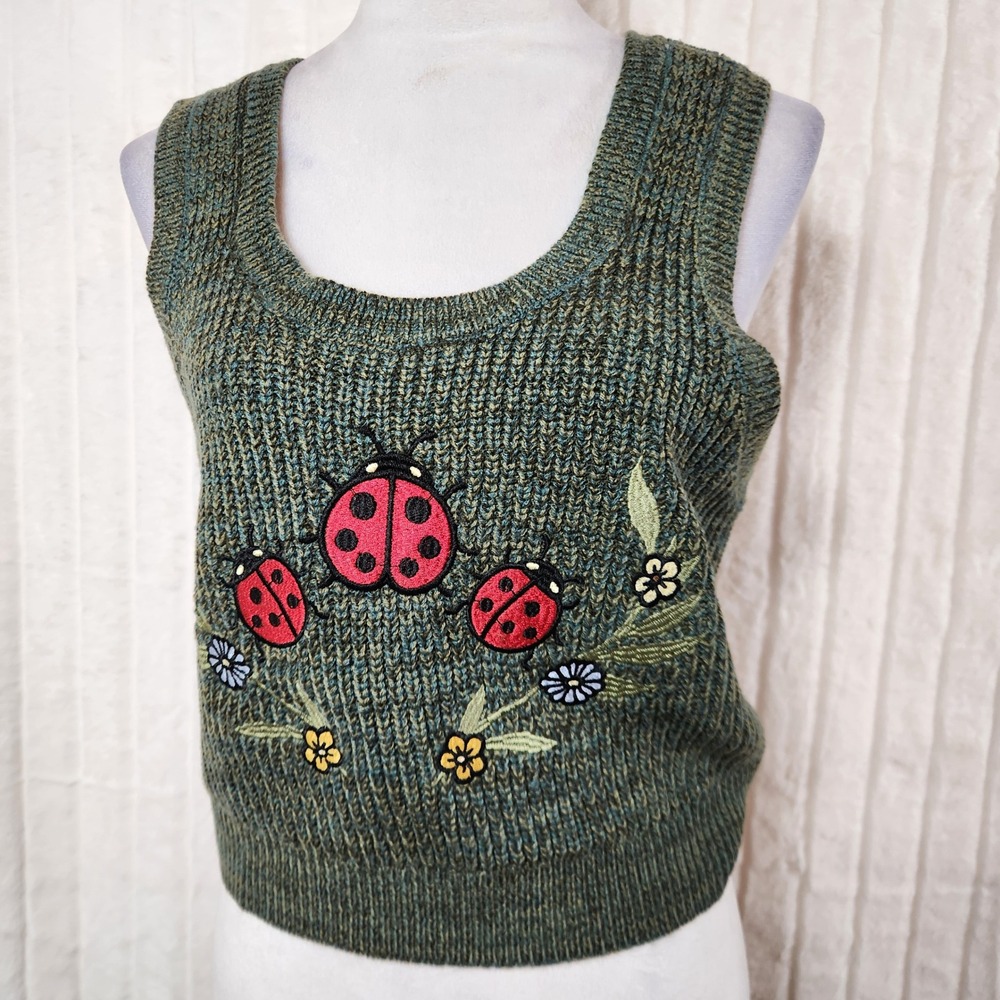 Thorn & Fable Forest Critters Marled Green Crop Tank Top Womens XL Fairy Ladybug